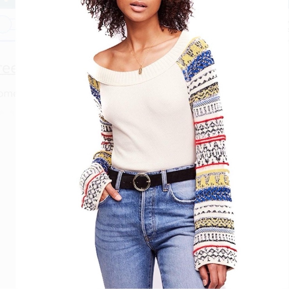 Free People Off-Shoulder Sweater in Cream and Multicolor